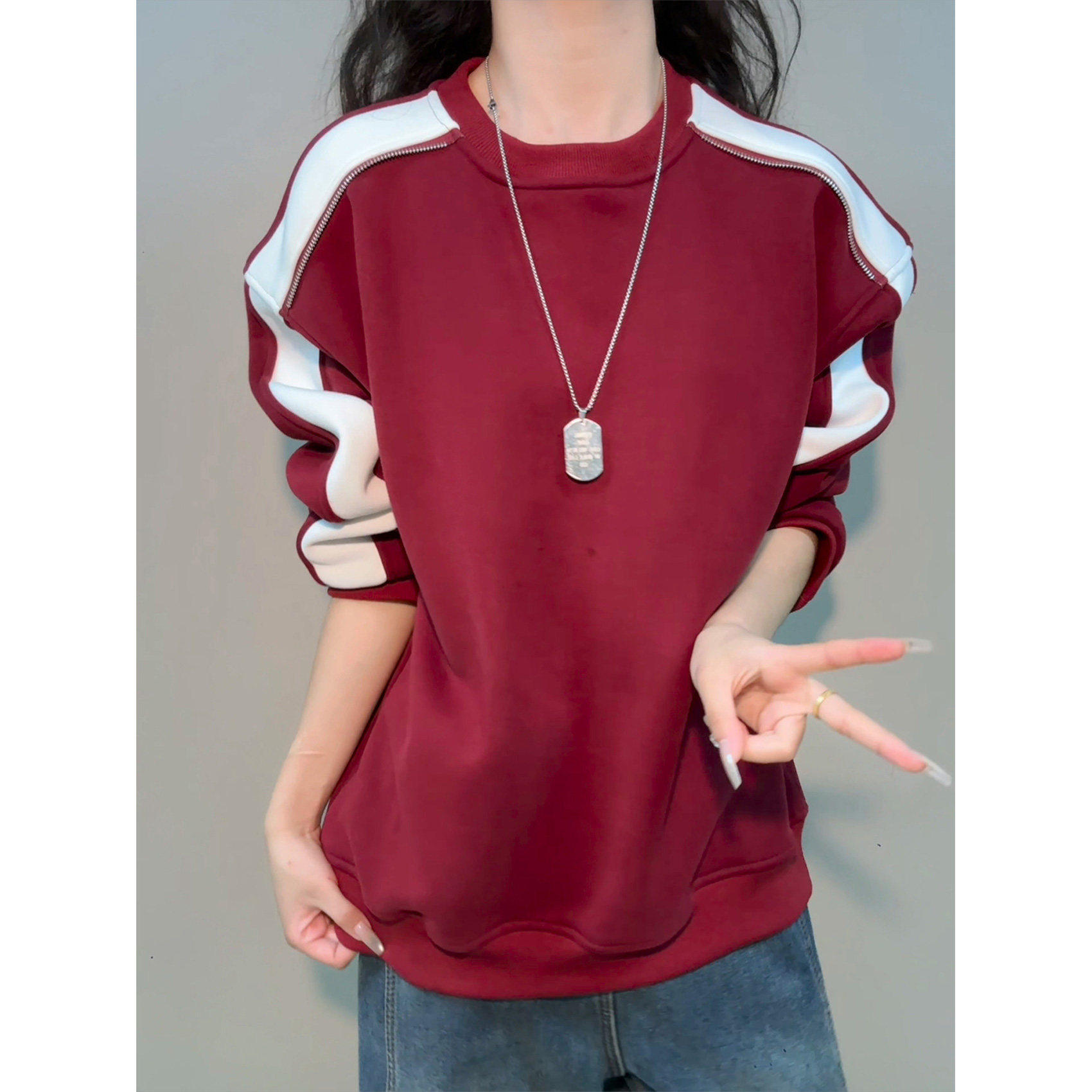 美式撞色拼接红色卫衣男秋冬季加绒加厚正肩长袖t恤情侣内搭上衣