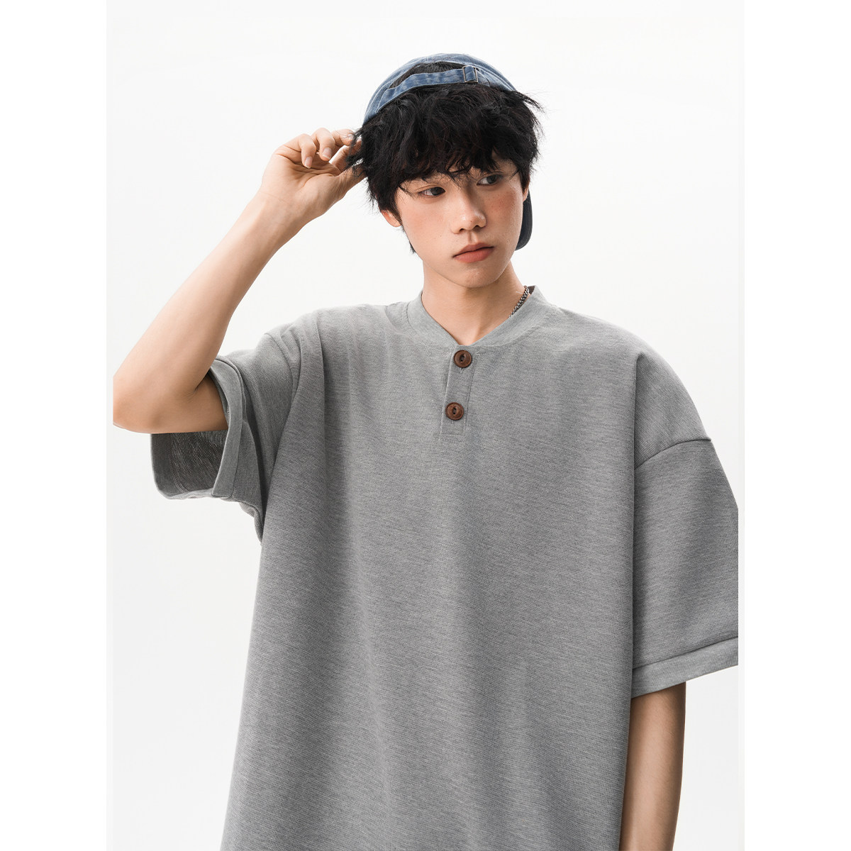 日系复古华夫格亨利领短袖男女夏季美式学院风宽松休闲POLO衫T恤