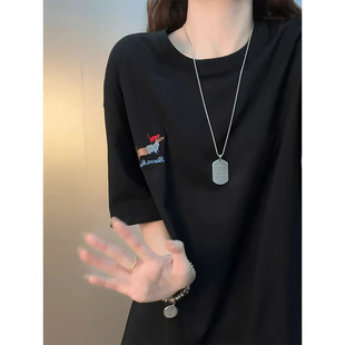 美式复古小狗刺绣短袖T恤男夏季慵懒风半袖凉感落肩透气情侣上衣