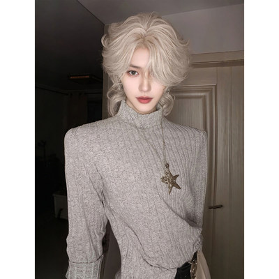 人夫感坑条针织长袖t恤男冬季加绒加厚半高领卫衣显瘦内搭打底衫