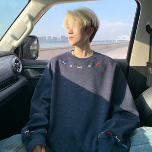 美式vibe扎染刺绣卫衣男女新款春季重磅圆领长袖t恤保暖内搭上衣