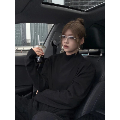 美式显肩宽德绒打底衫男款秋冬季解构拼接长袖T恤半高领内搭上衣