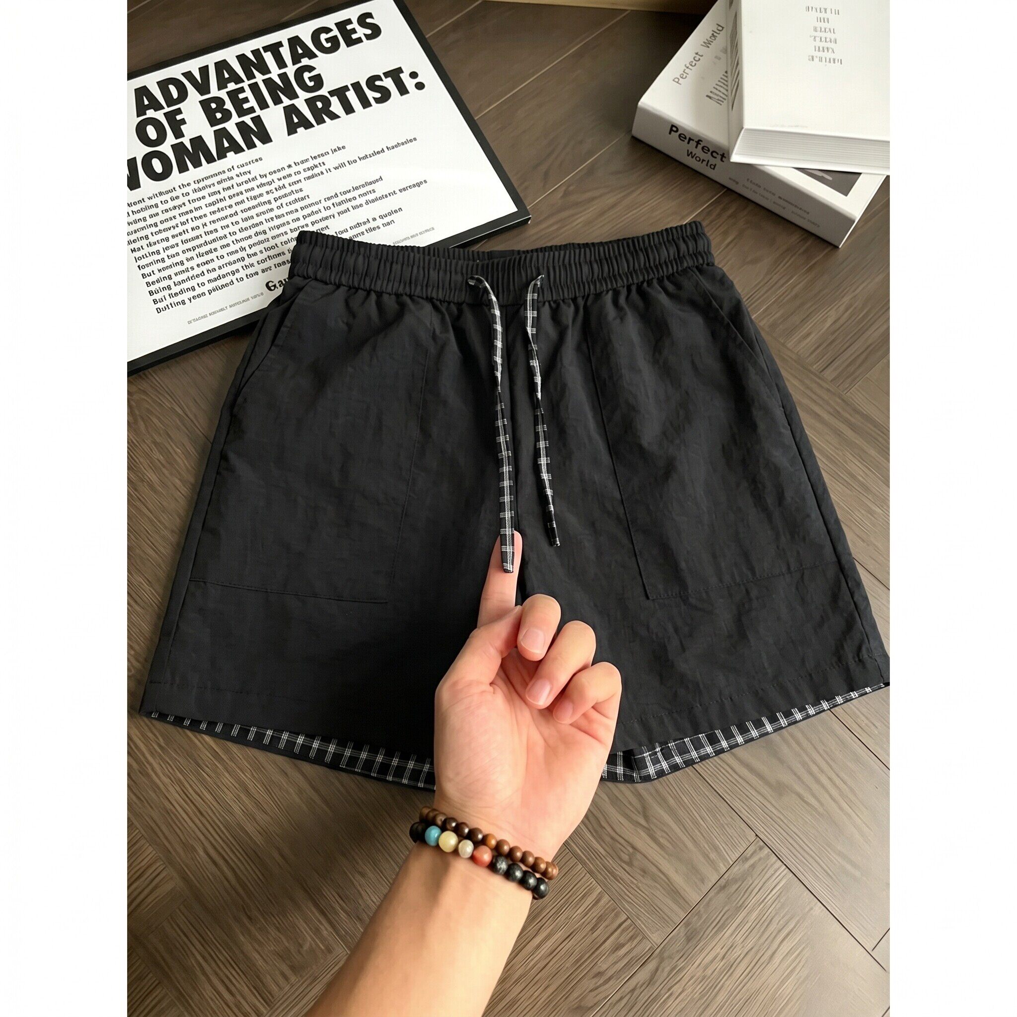 卷边格子运动健身短裤男夏冰丝速干薄款休闲中裤美式休闲三四分裤