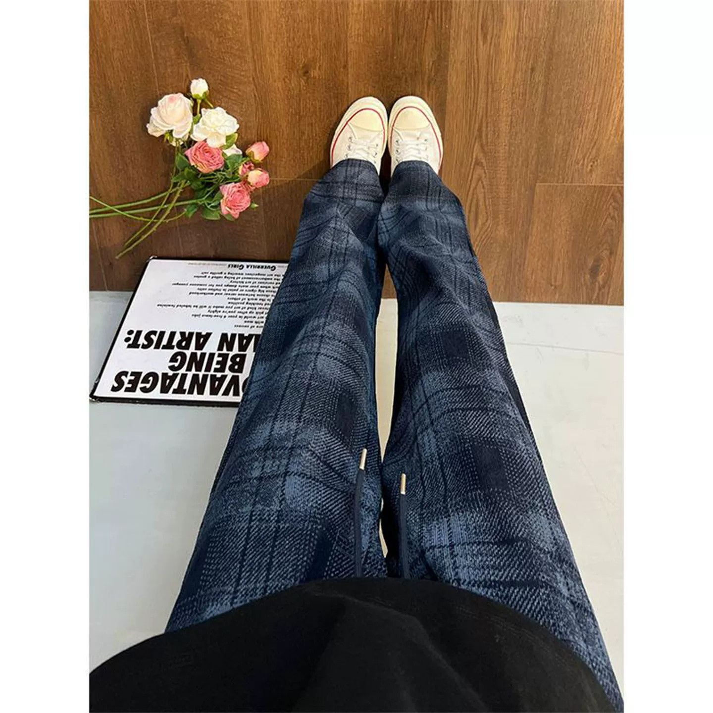 美式复古藏蓝色格子裤男秋季垂感显瘦微喇裤子cleanfit直筒休闲裤