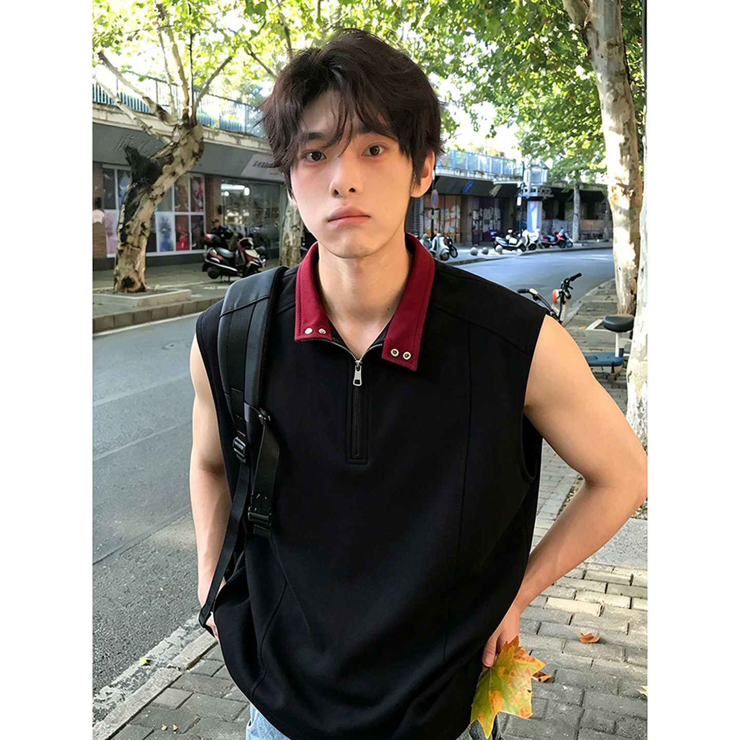 黑色解构拼接坎肩背心男夏季重磅半拉链短袖t恤无袖高街美式汗衫