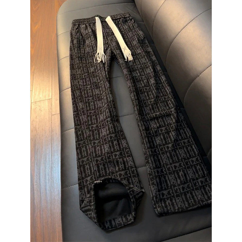 黑色扎染格子裤男款春季宽松慵懒风裤子小众设计感直筒运动休闲裤