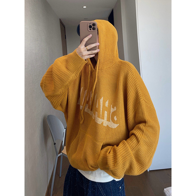 咸蛋黄色美式连帽毛衣男款秋冬宽松慵懒风针织衫cleanfit卫衣外套