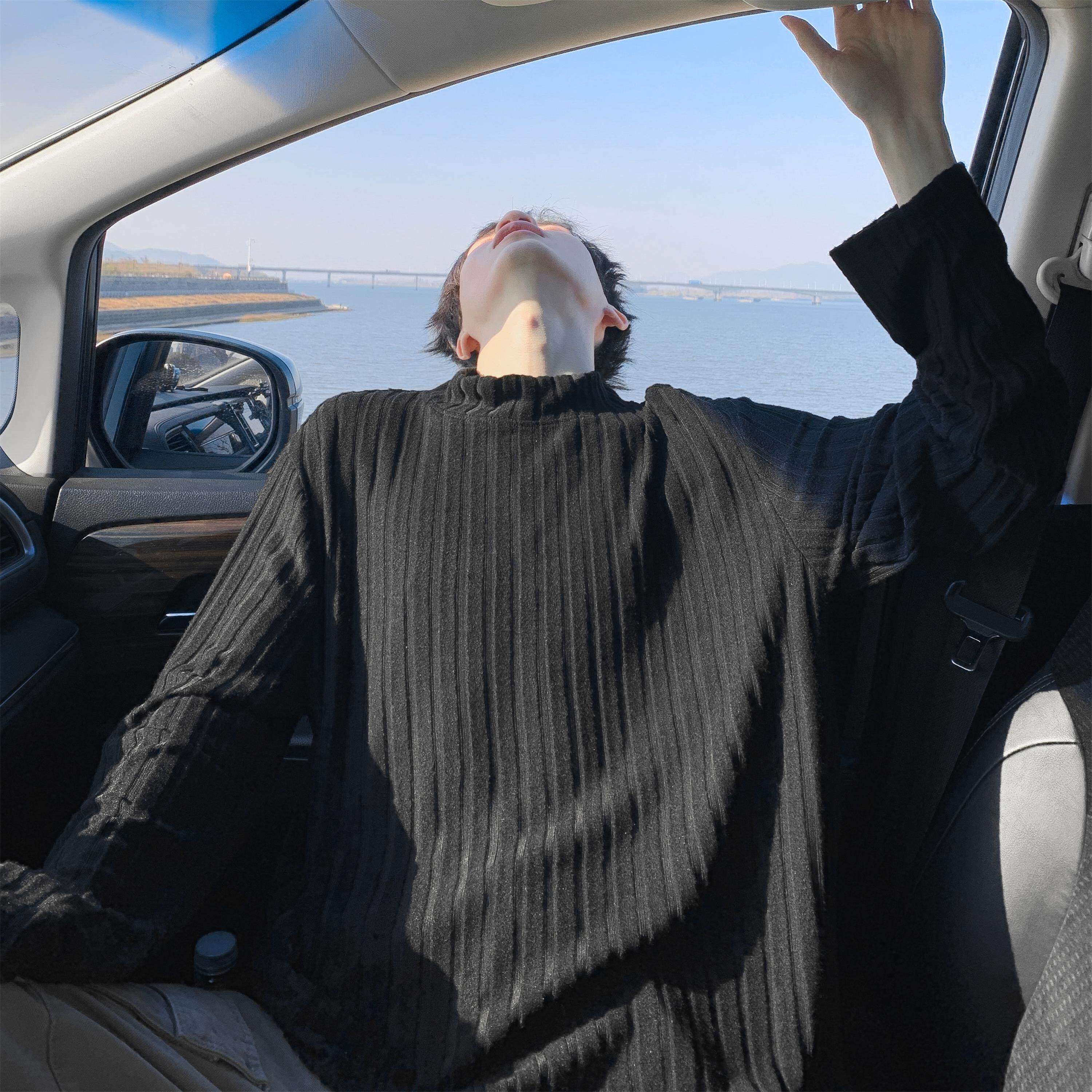 黑色条纹半高领卫衣男女款加厚冬季保暖打底衫慵懒风针织长袖T恤