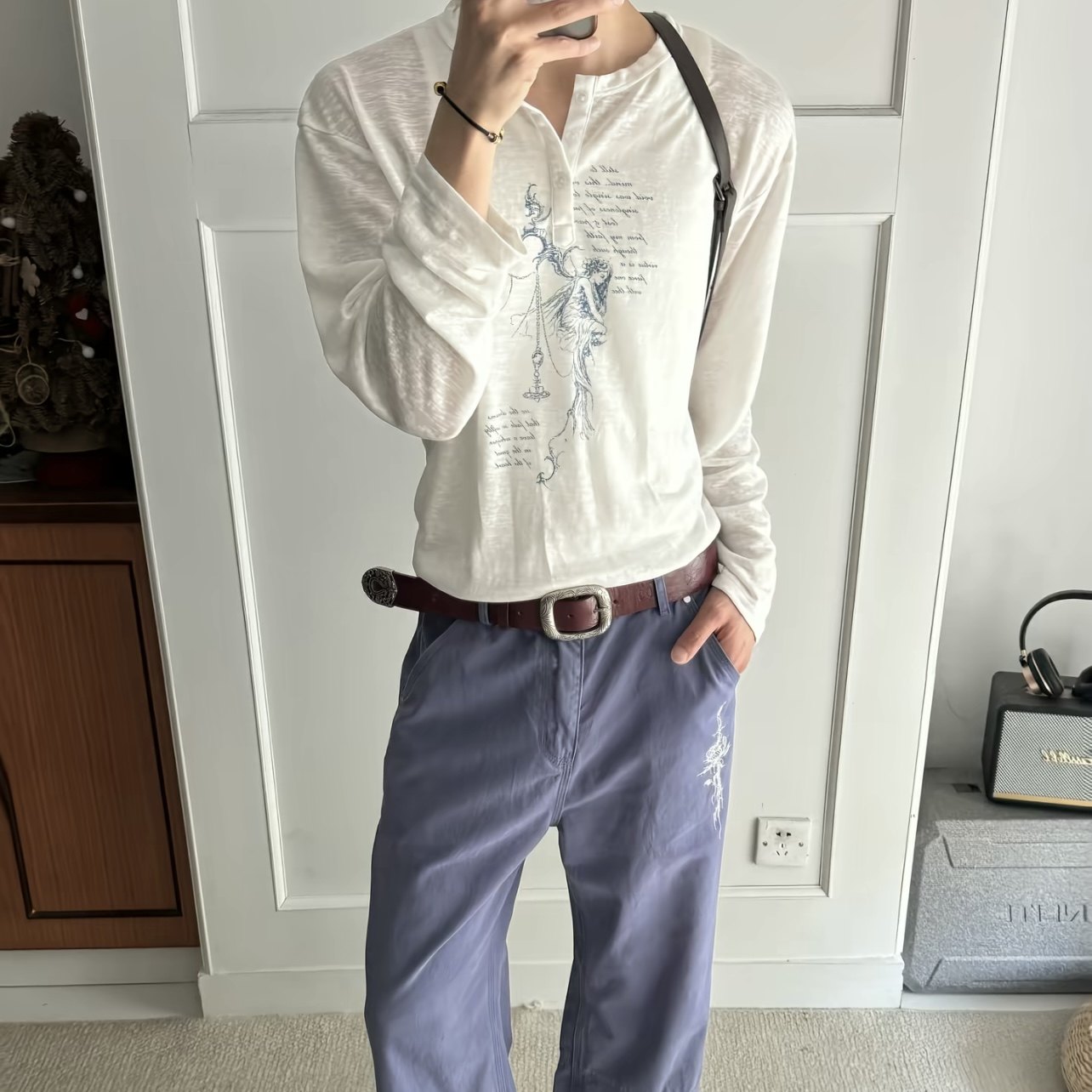 折翼天使 莱赛尔轻薄防晒罩衫长袖t恤男女夏日亨利领印花透气上衣
