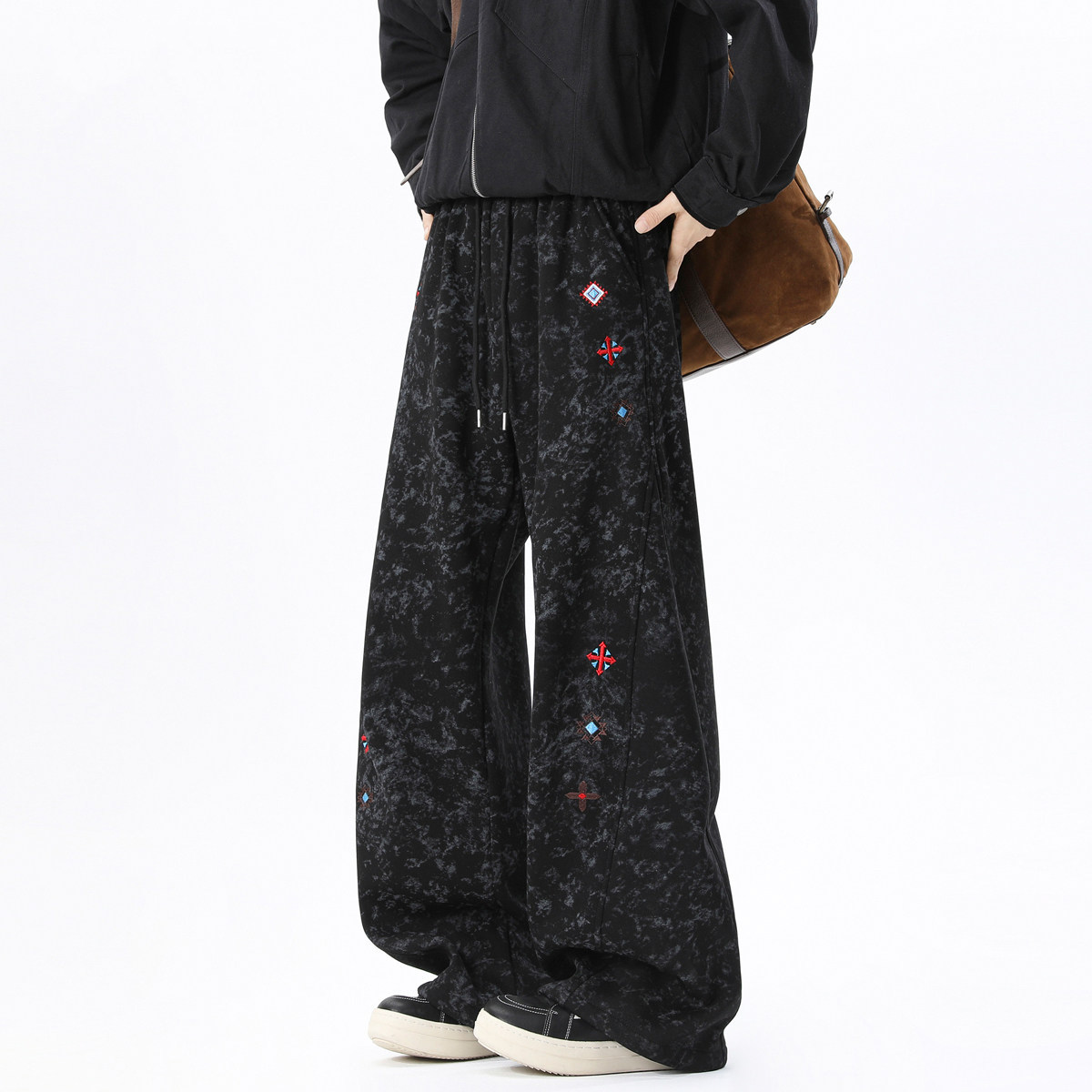 美式重磅扎染刺绣加绒卫裤男冬季宽松复古设计感加厚保暖休闲长裤