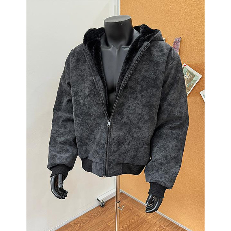 美式复古座山雕pu皮棉服男款冬季潮牌加绒加厚高级感连帽夹克外套