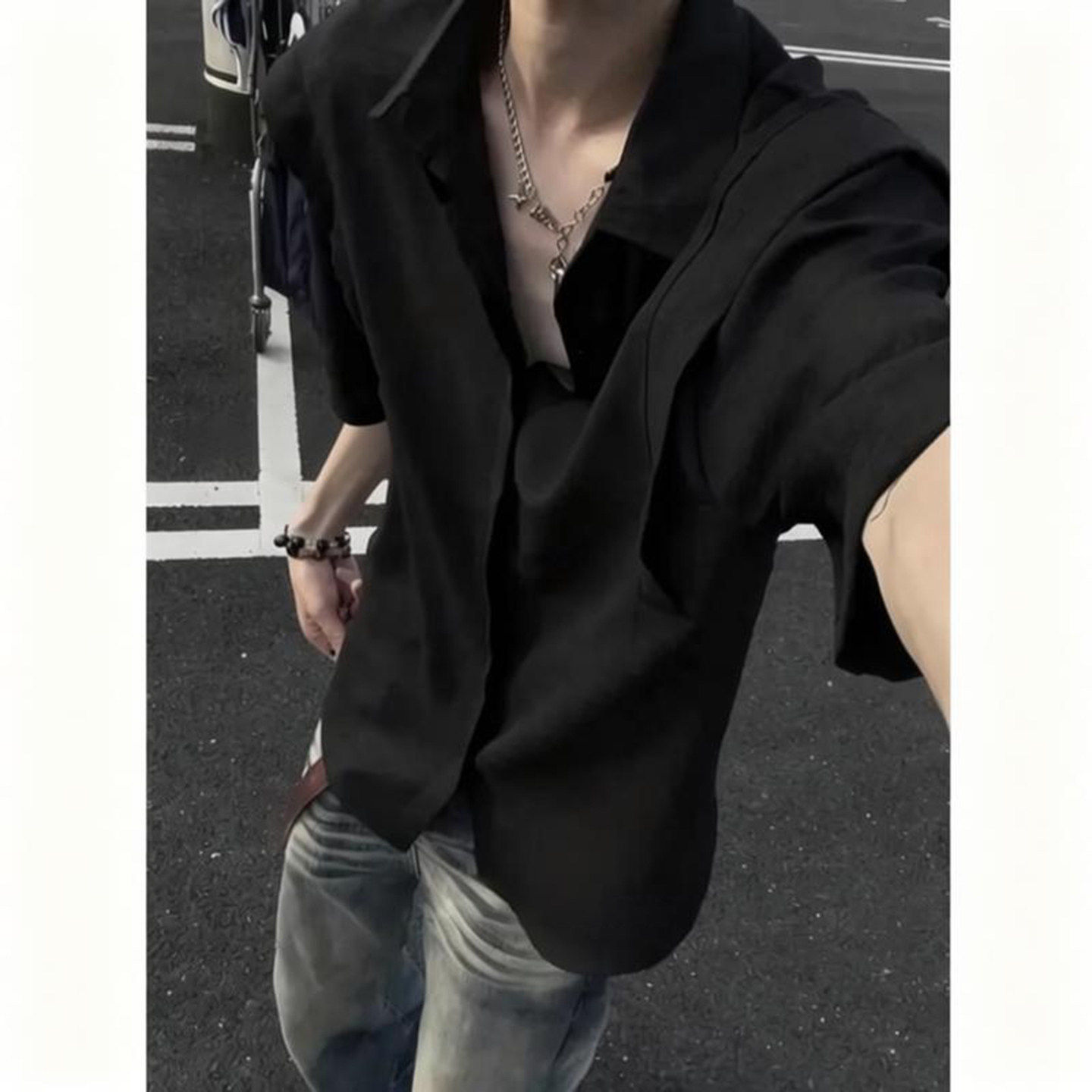 黑色老钱风短袖衬衫男女夏季薄款解构工装衬衣设计感高级防晒外套
