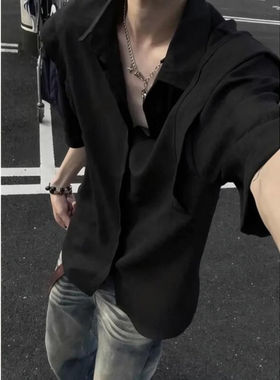 黑色老钱风短袖衬衫男女夏季薄款解构工装衬衣设计感高级防晒外套
