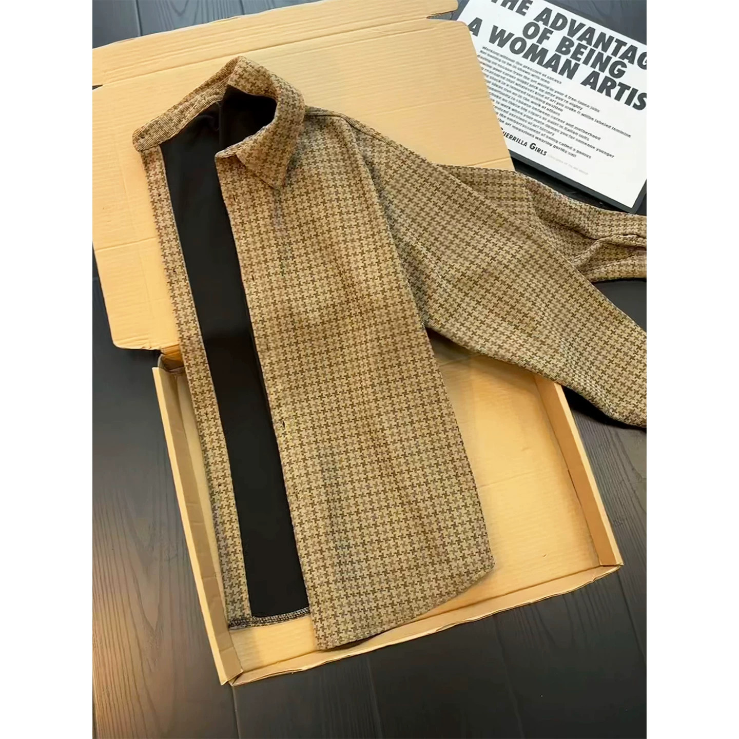 vintage咖色千鸟格长袖衬衫男秋季老钱风高级感重磅翻领衬衣外套