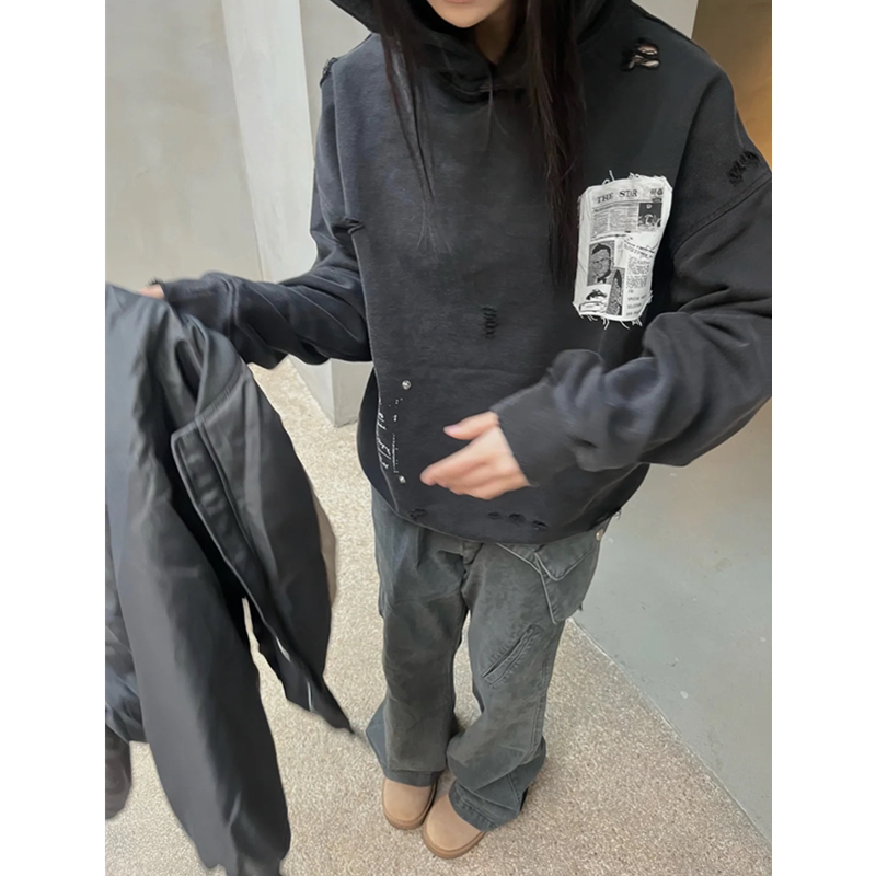 韩国重磅水洗做旧连帽卫衣