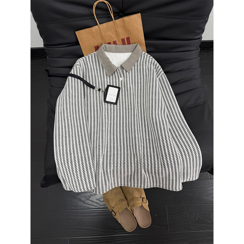 美式假两件鱼骨纹polo衫男款冬季加绒保暖翻领卫衣小香风内搭打底