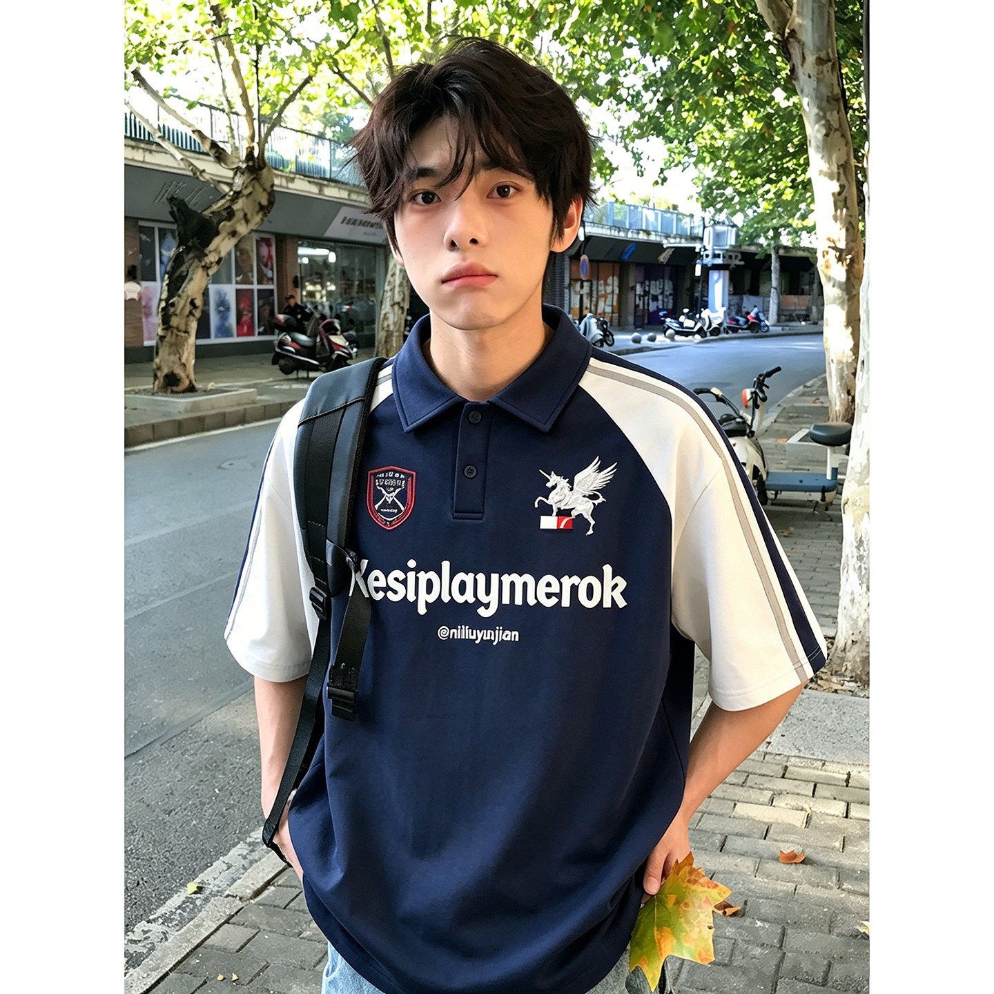 美式字母印花撞色拼接短袖男夏季条纹球衣POLO衫机车服t恤半截袖