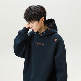 ins美式高街oversize刺绣连帽卫衣男秋冬百搭小众设计感情侣上衣