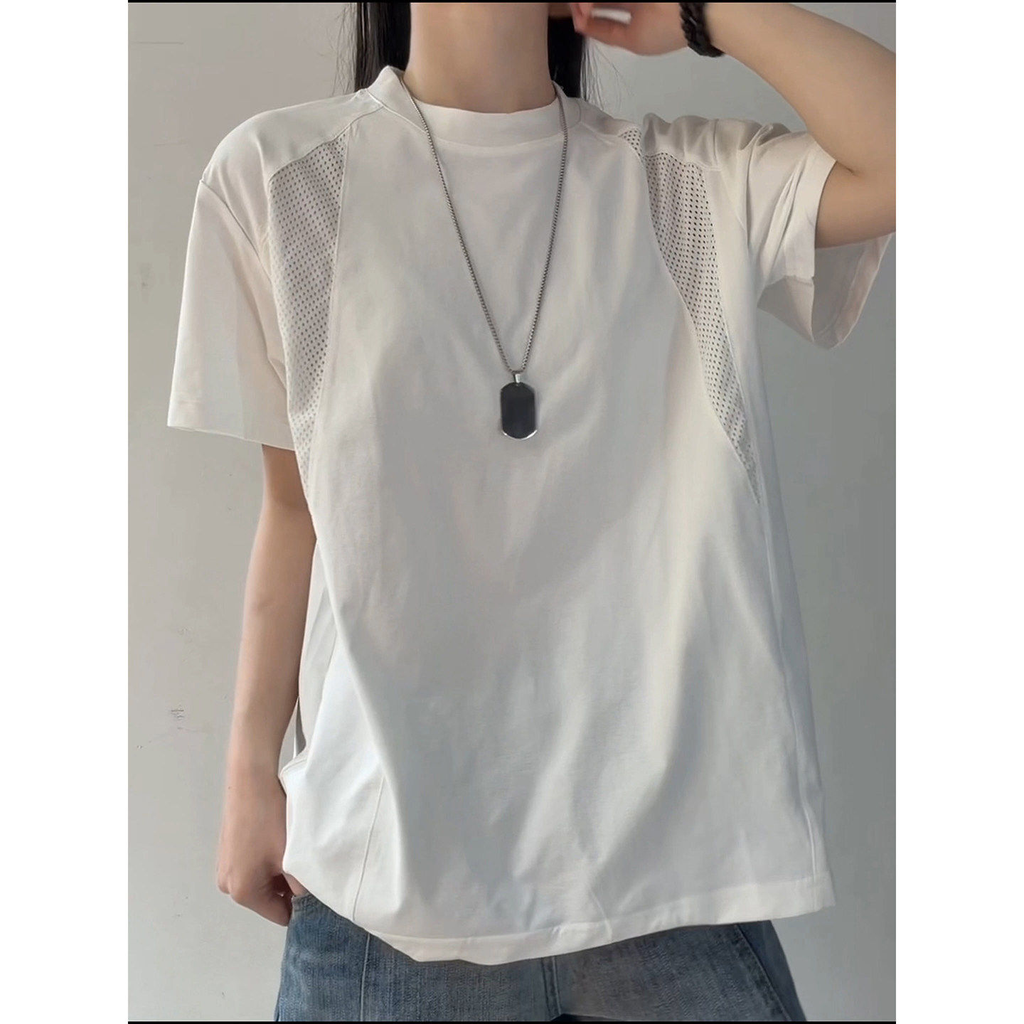 短袖运动半袖拼接透气白色夏季T恤男款螺纹网眼冰丝美式速干正肩