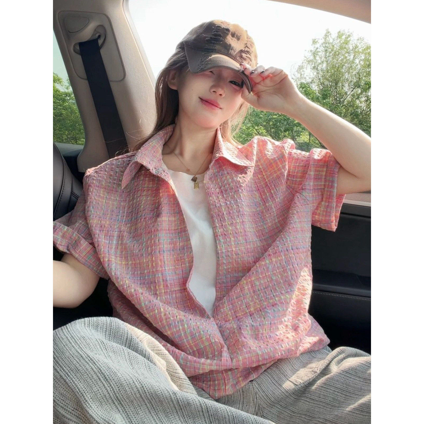 美式假两件泡泡纱短袖衬衫男款夏设计感格子情侣衬衣cleanfit半袖