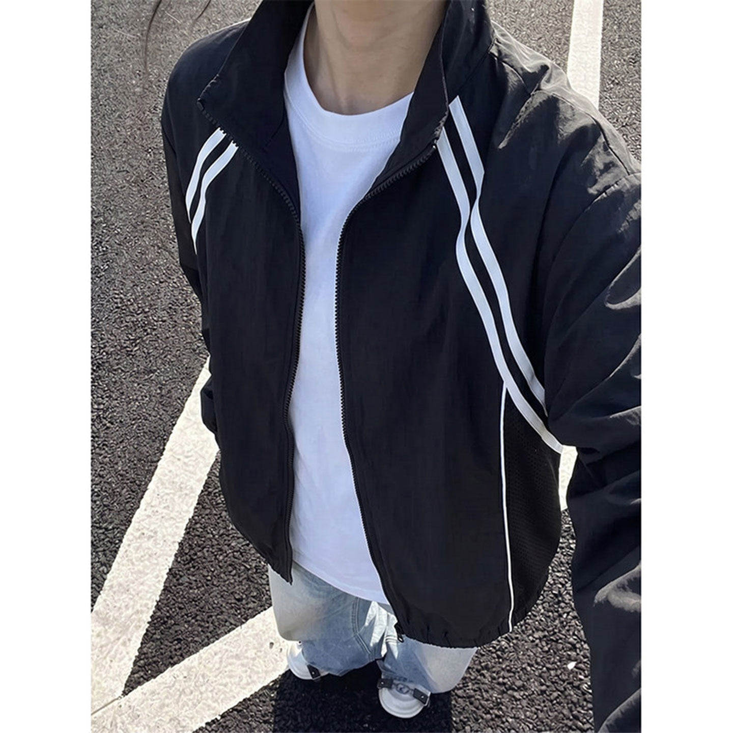 黑色条纹拼接防晒衣男款夏季网眼透气户外骑行服美式运动立领外套
