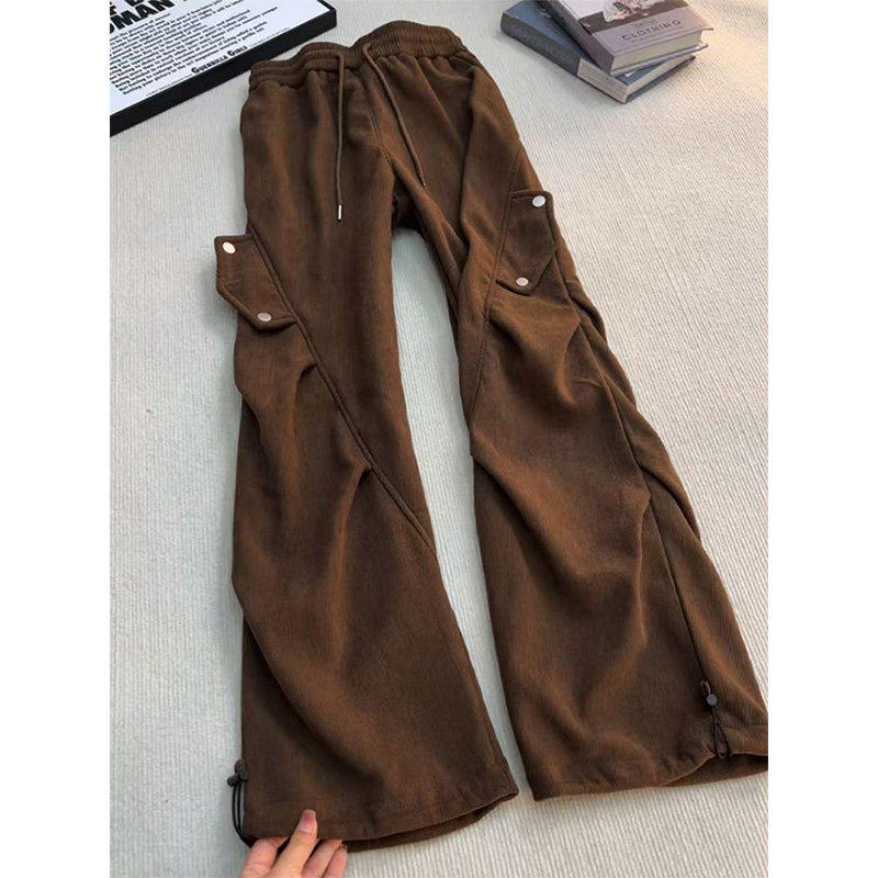 灯芯绒褶皱工装伞兵裤男款冬季美式重磅加绒卫裤宽松直筒弯刀裤子