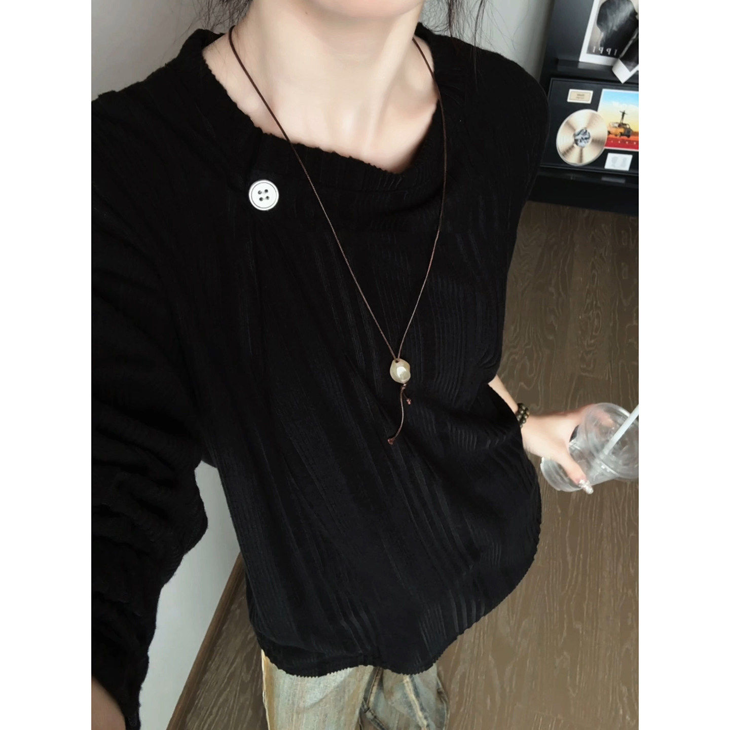 黑色针织卫衣男款秋季美式慵懒chic高级感上衣老钱风正肩长袖t恤