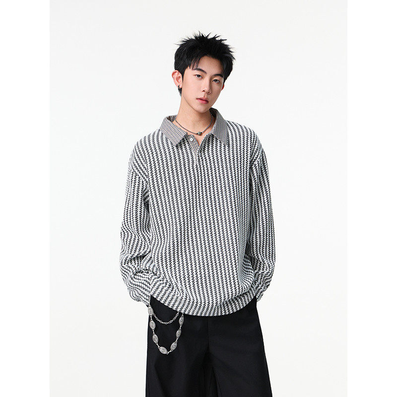 白色千鸟格polo领卫衣男秋季美式鱼骨纹重磅正肩长袖t恤内搭上衣
