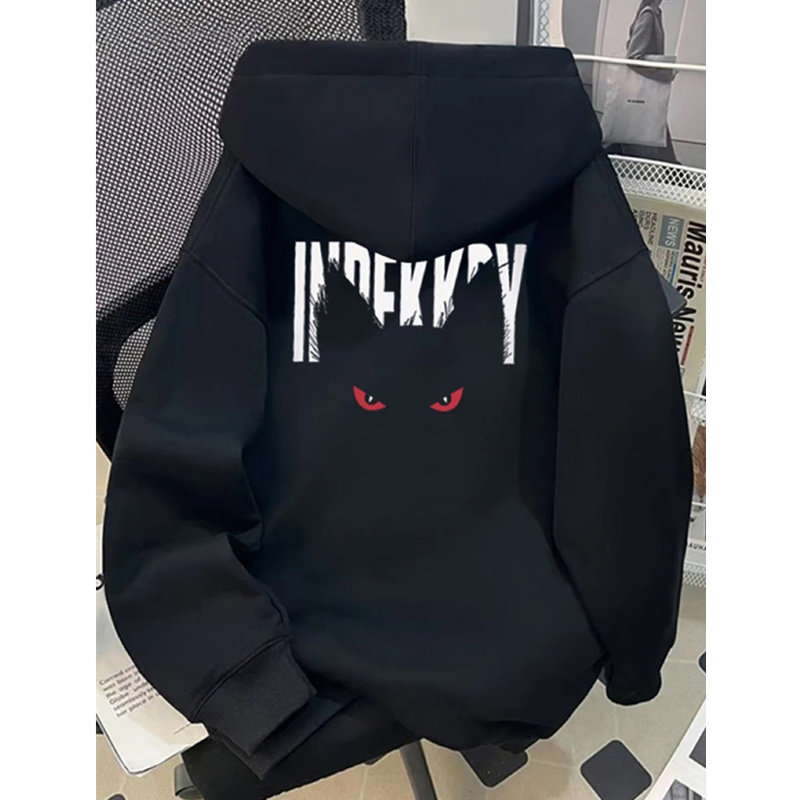 美式重磅黑色卫衣男女生秋季款潮牌高街恶魔眼印花外套情侣连帽衫