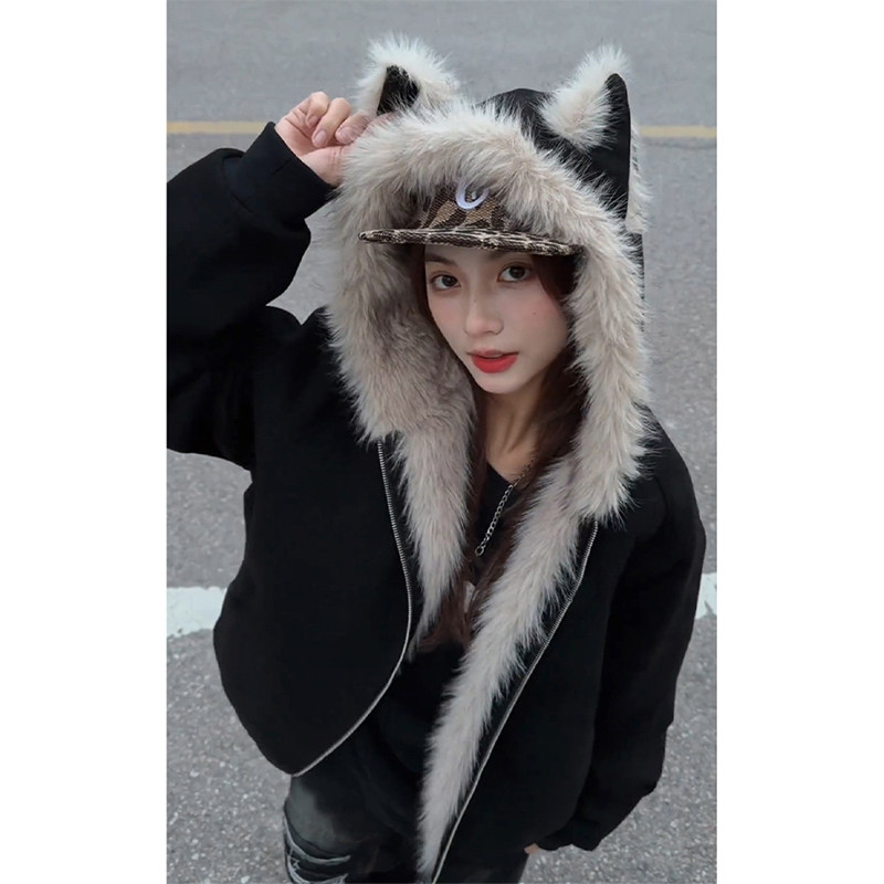 美式座山雕猫耳朵毛领连帽男女冬季款工装夹克毛衣高级感保暖外套