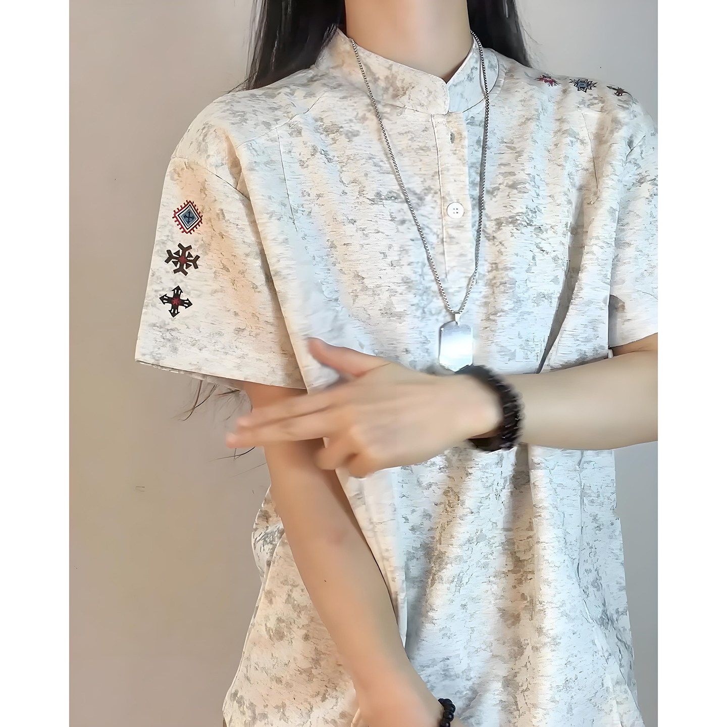 美式复古扎染刺绣t恤男夏季薄款立领高街痞帅短袖亨利领正肩半袖