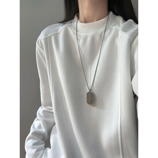 白色解构拼接小领口卫衣男款秋季重磅正肩长袖t恤美式内搭打底衫