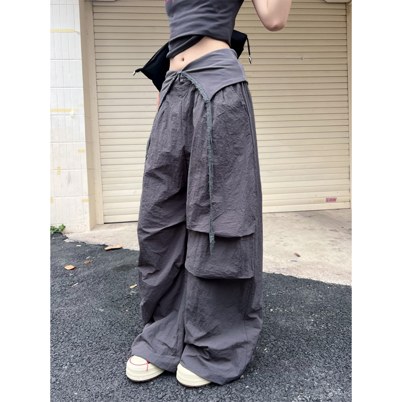美式复古高街设计感叠穿工装裤男女款百搭褶皱垂感休闲阔腿伞兵裤