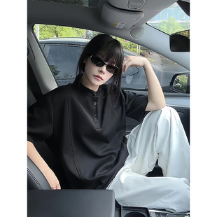 黑色亨利领短袖polo衫男款痞帅高级感美式正肩t恤boxy拼接半截袖