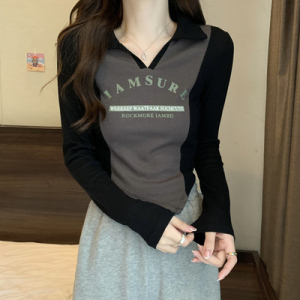 撞色polo领修身长袖t恤女秋季v领上衣设计感2024春秋新款小众上衣