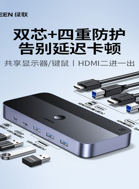 绿联kvm切换器hdmi二进一出两台电脑 一个显示器共享键鼠usb打印