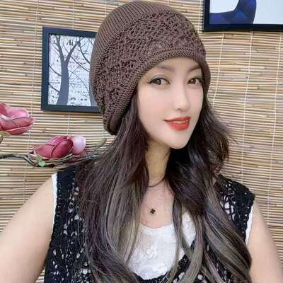 手工钩花镂空针织堆堆帽女套头薄款纯色大头显脸帽子宽松包头冷帽