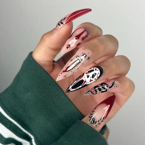 惊魂蛇刃万圣节穿戴甲 惊恐鬼脸血滴美甲贴成品暗黑风cos假指甲片