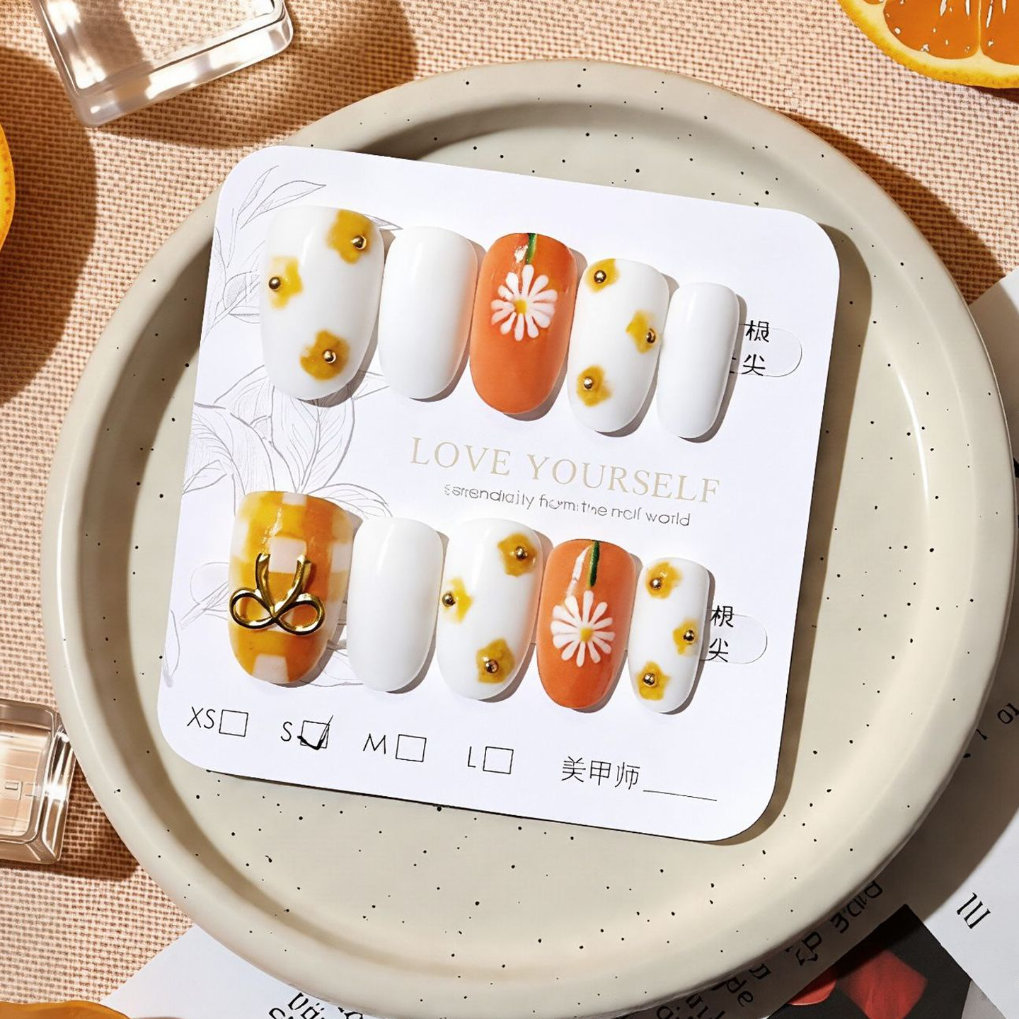 橘子橙色格子花朵手工穿戴甲可爱小雏菊蝴蝶结美甲贴成品假指甲片,彩妆/香水/美妆工具,穿戴甲/甲片,淘宝优惠券,粉丝福利购,淘宝优惠卷