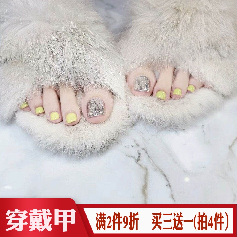 脚趾穿戴甲芥末黄绿色跳银闪粉美甲贴片欧美风简约成品假脚指甲壳