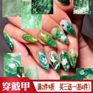 古风鹤影青莲穿戴甲绿色森系荷花假指甲舞蹈拍照国风汉服美甲贴片