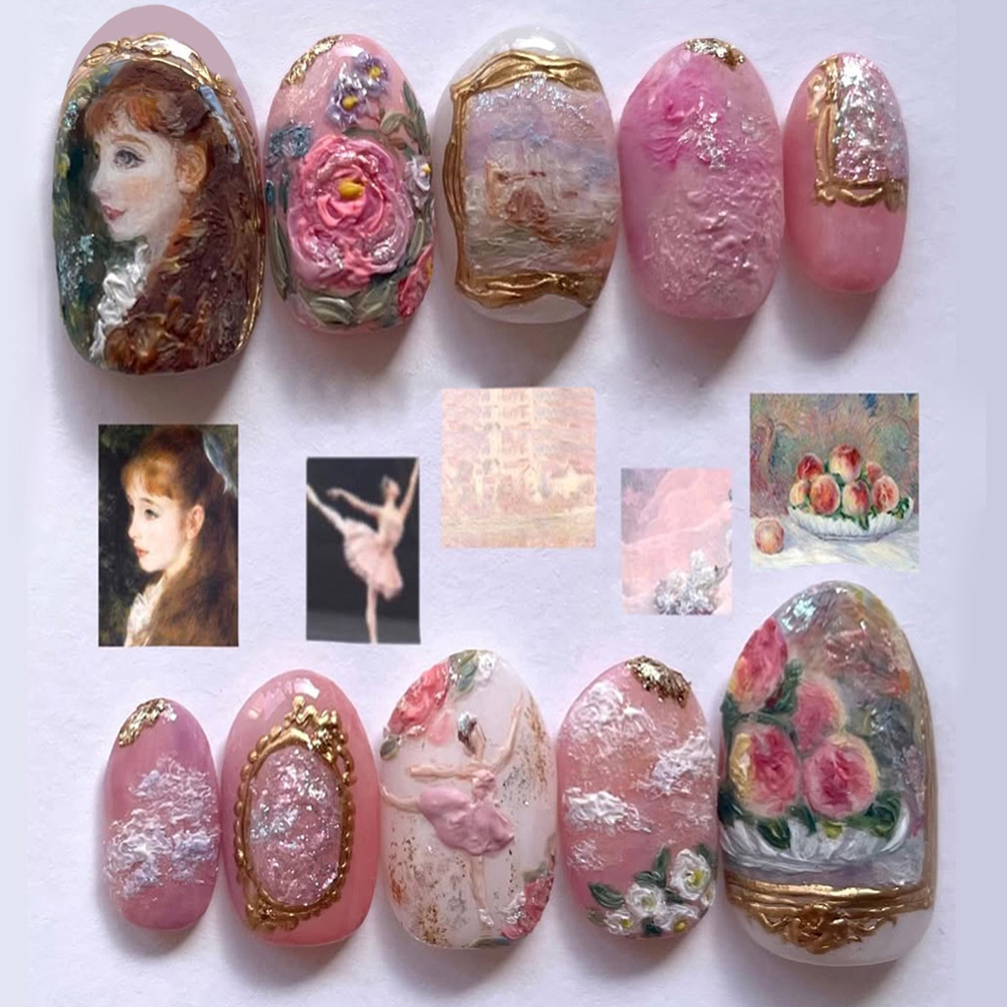 玫瑰少女油画粉蔷薇花穿戴甲欧美复古氛围美甲贴杏仁尖头假指甲片