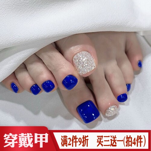 藏蓝色银闪脚趾假指甲片Nails欧美风跨境美甲贴成品可拆卸穿戴甲