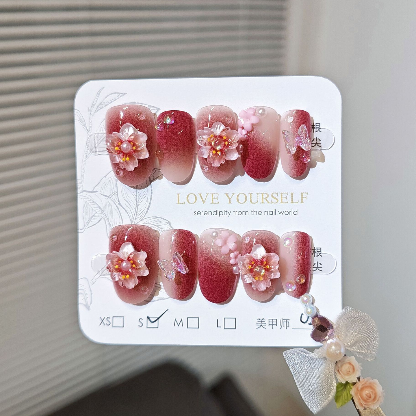 桃红色渐变水晶花朵钻手工穿戴甲影楼拍照古风舞蹈美甲贴假指甲片,彩妆/香水/美妆工具,穿戴甲/甲片,淘宝优惠券,粉丝福利购,淘宝优惠卷