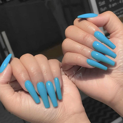 纯孔雀蓝色加长T梯形穿戴甲欧美