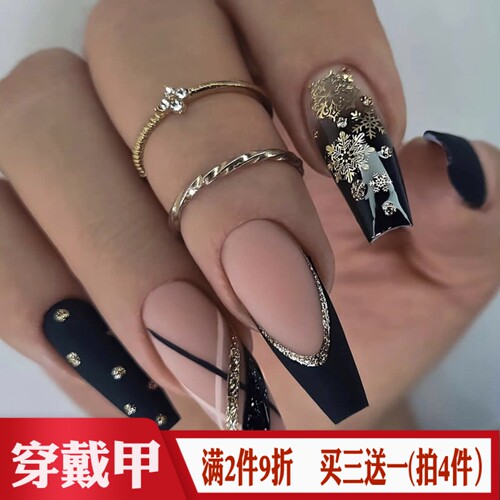 黑色法式金雪花圣诞节假指甲片