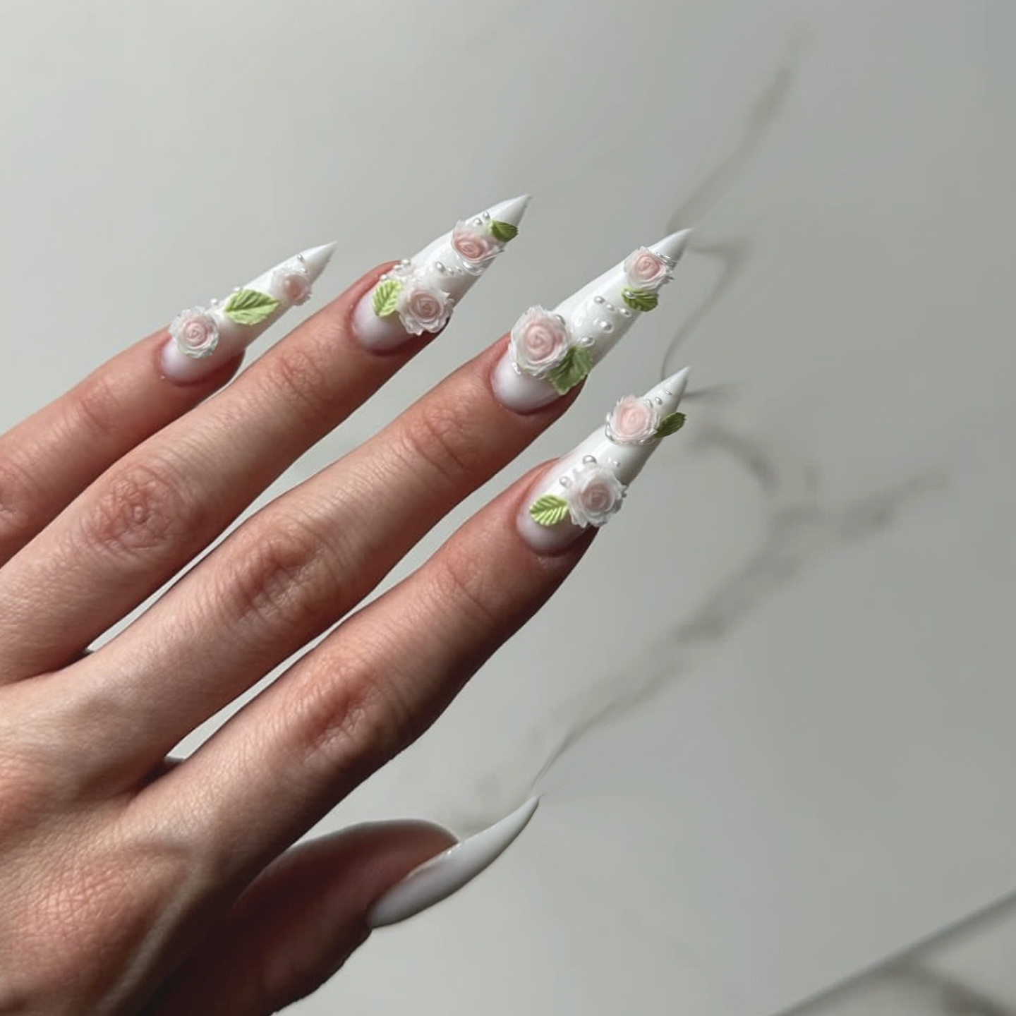 清新花卉立体玫瑰花穿戴甲影楼婚纱拍照美甲贴成品长尖型假指甲片