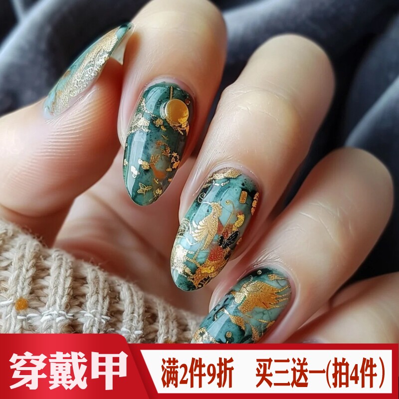 唐三彩穿戴甲古典中国风瓷画晕染印花假指甲片杏仁尖头成品美甲贴