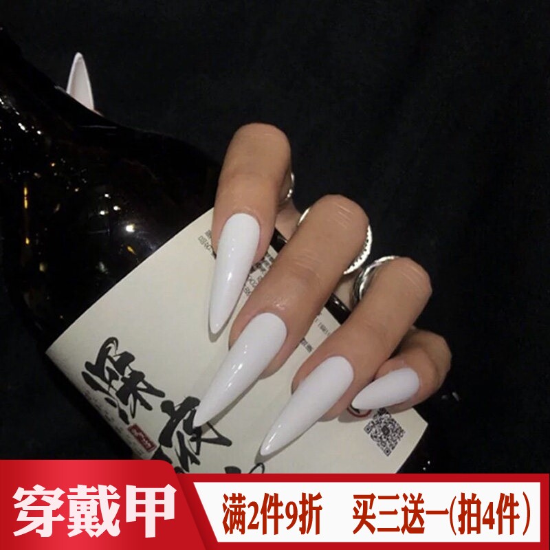 艺术尖头纯白色cos舞蹈拍照假指甲贴片成品欧美简约风辣妹穿戴甲