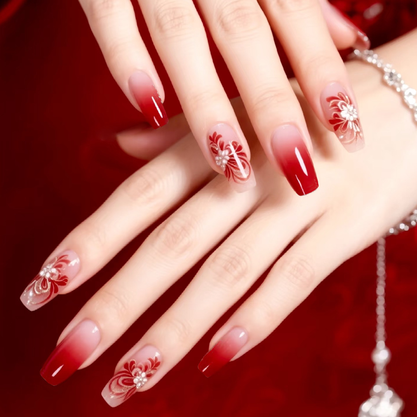 中国风花绘穿戴甲气质新年红色渐变假指甲片拍照古风汉文化美甲贴,彩妆/香水/美妆工具,美甲工具,淘宝优惠券,粉丝福利购,淘宝优惠卷